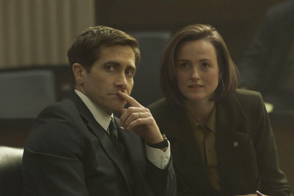Jake Gyllenhaal as Rusty Sabich and Renate Reinsve as fellow prosecutor and murder victim Carolyn Pohemus in Presumed Innocent.