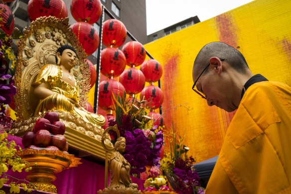 The Venerable Jue Min from Fo Guang Shan at a shrine in Chinatown in February 2021.