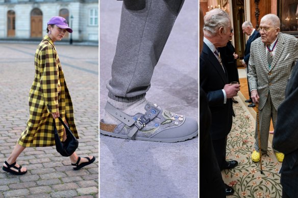 Swedish influencer Emma Fridsell wearing black sandals by Teva, a black bag and a lili coloured cap with the inscription “The strong sensitive type” during Copenhagen Fashion Week; Dior x Birkenstocks on the menswear runway in January; David Hockney with King Charles at Buckingham Palace in November.