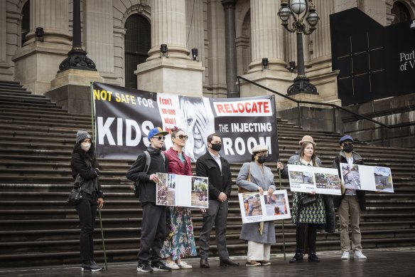 Residents against the location of the safe injecting room protest on the steps of parliament on Thursday.