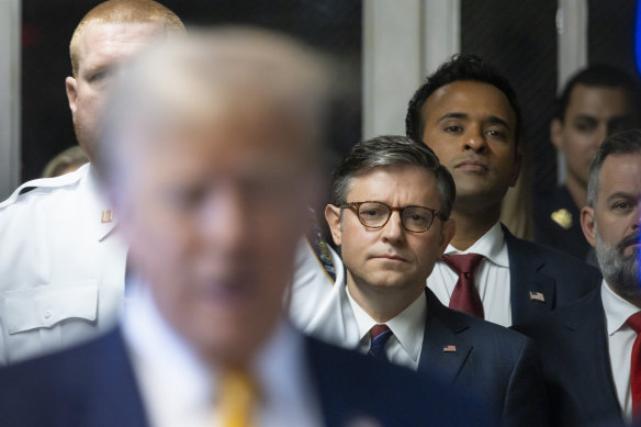 US Speaker Mike Johnson supporting Donald Trump at a New York court on Tuesday.