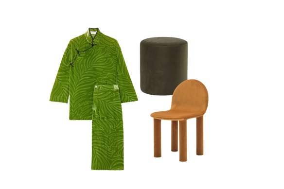 “Harlow” pyjamas; Ottoman; “Arch” chair. 