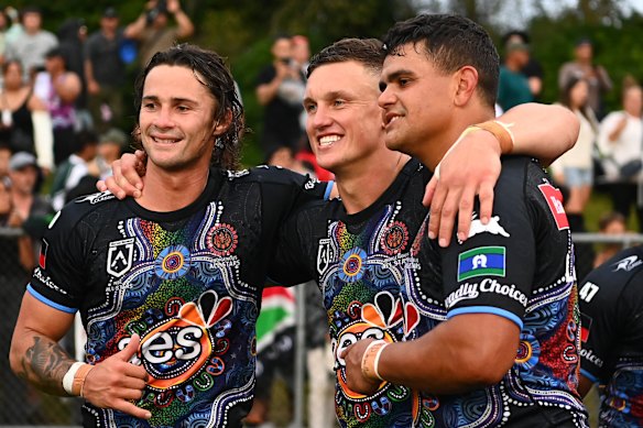 Hynes and Mitchell with teammate Jack Wighton on All Stars duty in 2023.