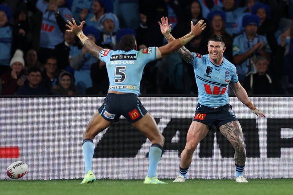 Bradman Best and Josh Addo-Carr celebrate after Best scored his second try on debut.