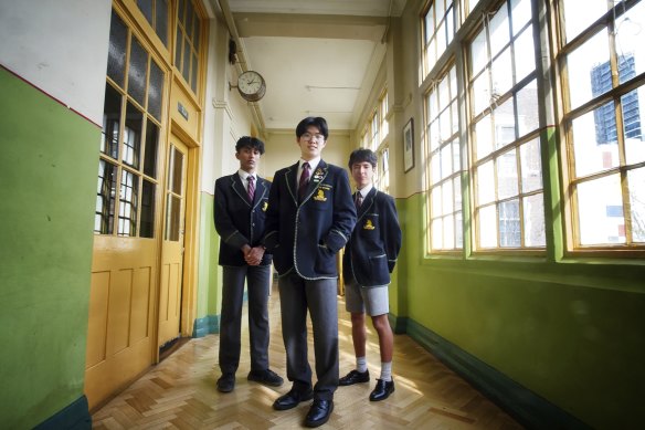 Melbourne High School VCE students Vraj Shah (left), Aaron Zhang and
Harry Hermann are among the school’s high-achieving cohort.