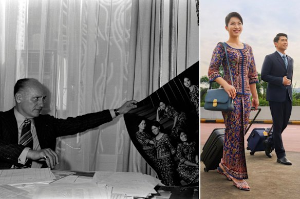 Pierre Balmain revealing his designs for Singapore Airlines in 1974, and the uniform today.