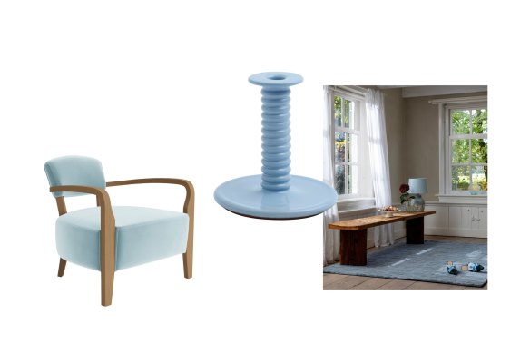 “Cabana” armchair; “Barro” candlestick; “Cleavers” rug.