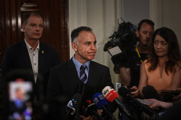 Opposition Leader John Pesutto (centre) speaks with the media after Friday’s meeting.
