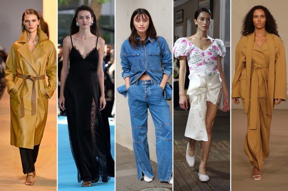Fashion Week’s top trends: Leather at Christian Kimber; Nightie dressing at Anna Quan; Double denim on Sarah Ellen at Henne; Retro florals at Maggie Marilyn; Brown suiting at Acler.