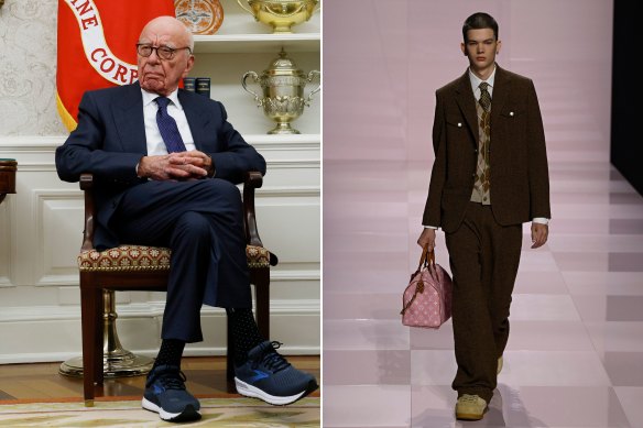 Rupert Murdoch listens as US President Donald Trump speaks to reporters in the Oval Office of the White House; and (right) sneakers and suits on the runway at the Louis Vuitton menswear show in Paris.