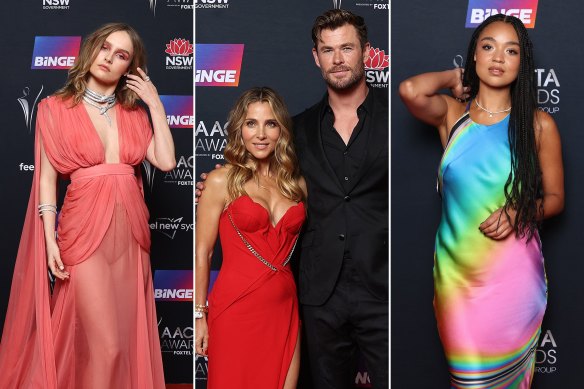 Olivia DeJonge in Gucci; Elsa Pataky in J’Aton and Chris Hemsworth in Etro; and Aisha Dee in Erik Yvon at the Australian Academy of Cinema and Television Arts (AACTA) Awards, The Hordern, Sydney.