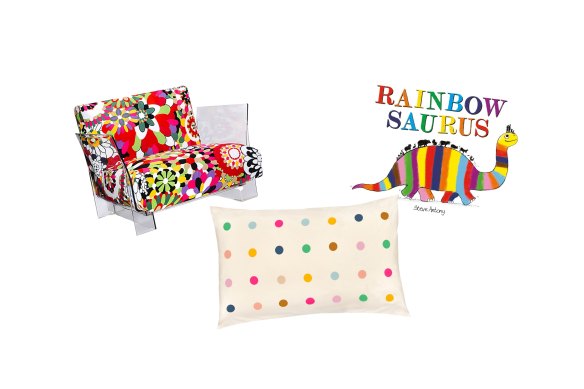 “Pop Missoni” armchair; “Confetti Spot” pillowcase; Rainbowsaurus (Hodder) by Steve Antony. 