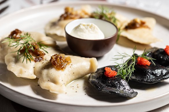 Varenyky tasting plate (dumpling fillings include potato, meat and salmon with cream cheese).