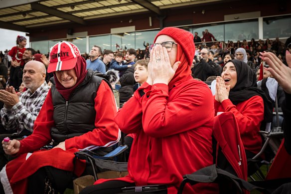 So close but so far: Turkish Australians react to a near-goal from Turkey as they watch the Australia-Turkey World Cup game on the big screen at Nasiol Stadium in Broadmeadows.