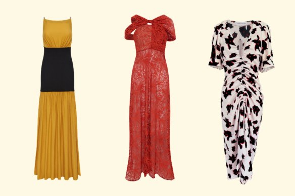 Bassike’s Cross Back Rib Insert Dress. Bianca Spender’s Spiced Red Demeter Lace Gown Pursuit, Pieta Floral Bellini Dress.