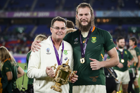 RG Snyman posing with Rassie Erasmus after winning the 2019 Rugby World Cup in Japan.