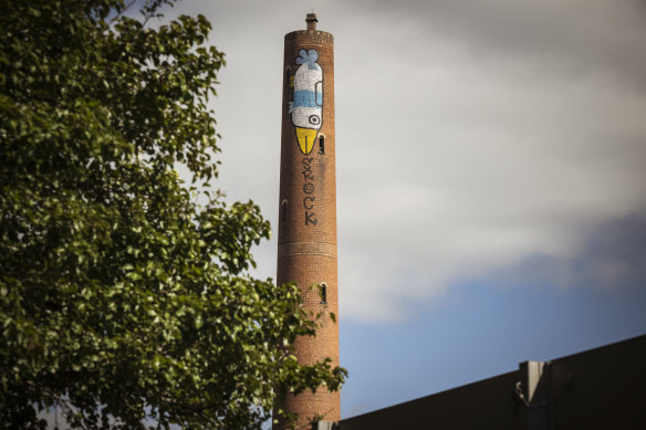 Pam the Bird graffiti on the side of the shot tower in Clifton Hill on Friday.