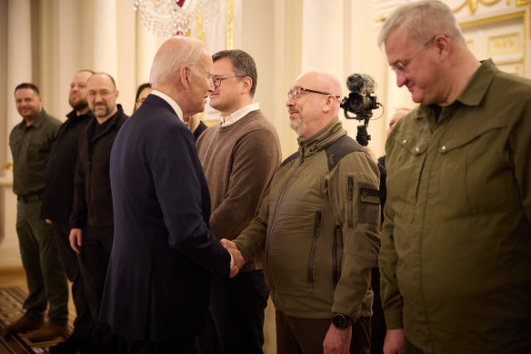 US President Joe Biden meets with Ukrainian Defence Minister Oleksii Reznikov at the Ukrainian presidential palace in Kyiv in February. 