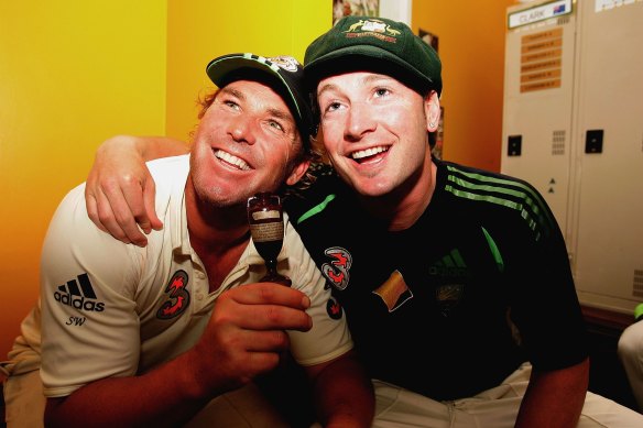 Shane Warne and Michael Clarke after winning the Ashes in 2006.