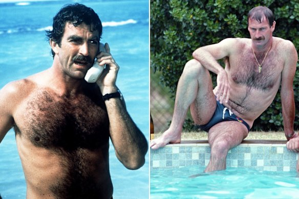 Fur flashback: Tom Selleck as Magnum PI in 1985, and Dennis Lillee posing poolside in South Australia in 1982.