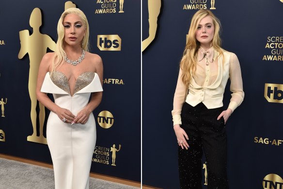 Lady Gaga in Armani Prive and Elle Fanning in Gucci gave a modern take on white tie dressing.