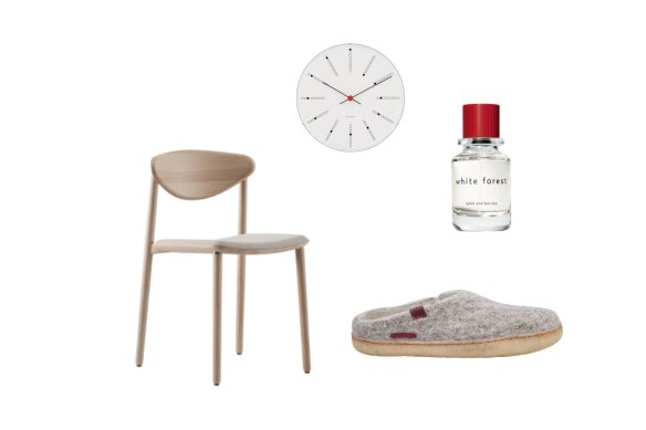 “Naru” chair; “Bankers” wall clock; “White Forest” fragrance; Slippers. 