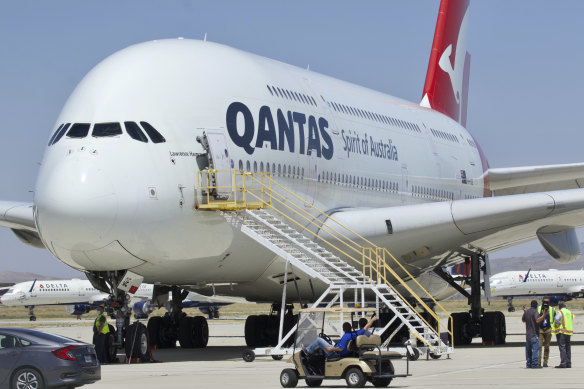 A Qantas A380 superjumbo is parked up at a storage facility in California last year.