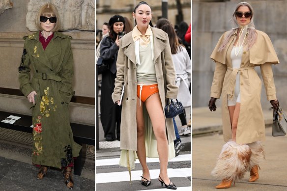 US ‘Vogue’ editor Anna Wintour, model Korlan Madi and actor Julia Fox are part of the trench coat army.