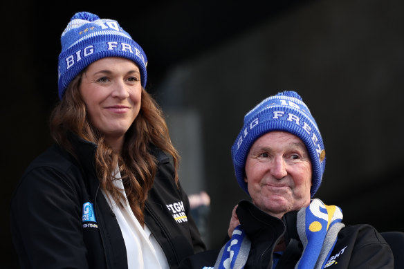 Neale Daniher and daughter Bec at the Big Freeze Fight MND Queen’s Birthday match between Melbourne and Collingwood at the MCG