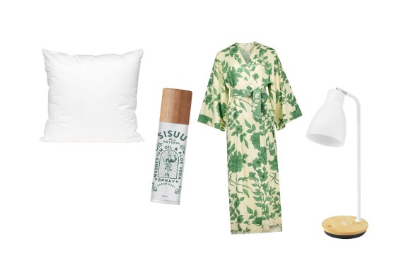 European pillow; “Magnesium Oil & Aloe Vera” spray; “Alice” robe; “Skeda” smart lamp.  