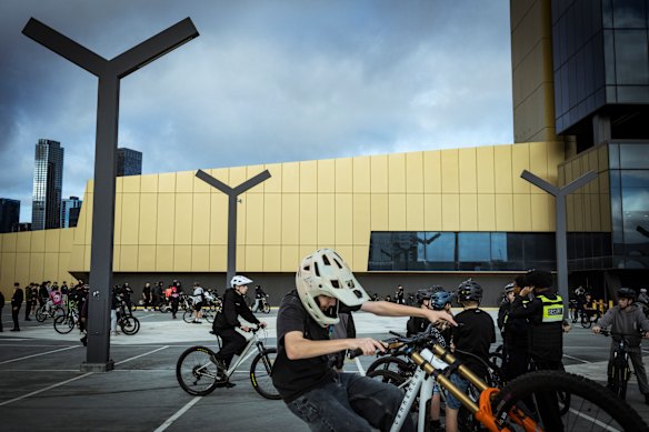 A hundred or so teenage bike and e-bike riders finished their ride-out at the South Wharf DFO car park.