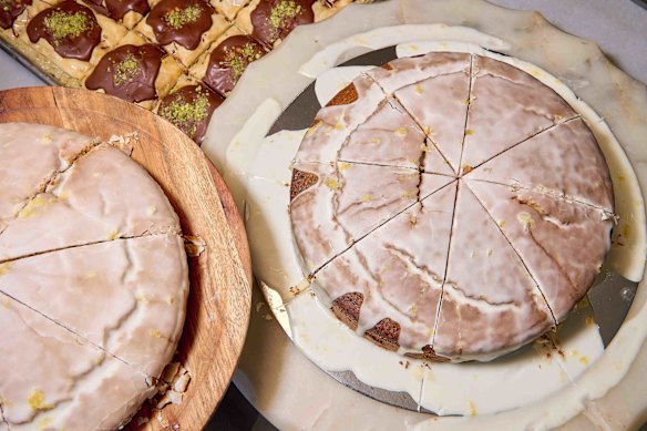 Yuzu cardamom olive oil sponge with hojicha yuzu vanilla glaze.