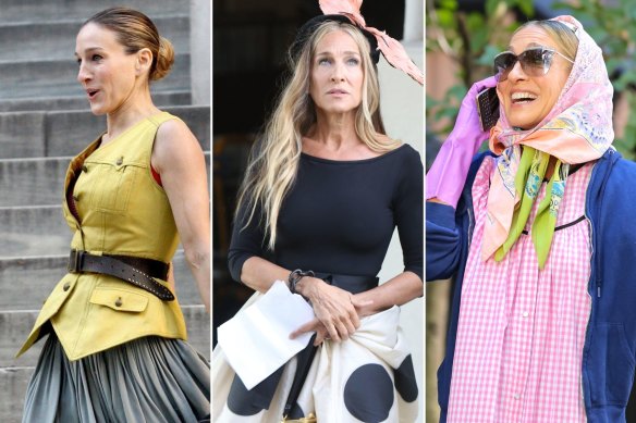 Sarah Jessica Parker as Carrie in 2007 (at left), and in 2021, “drowning in clothes”.