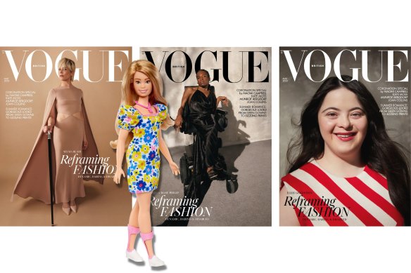 Front left, Mattel’s new Barbie developed in partnership with the National Down Syndrome Society to help more children, and behind, British Vogue is featuring five disabled people on alternate covers of its May issue.