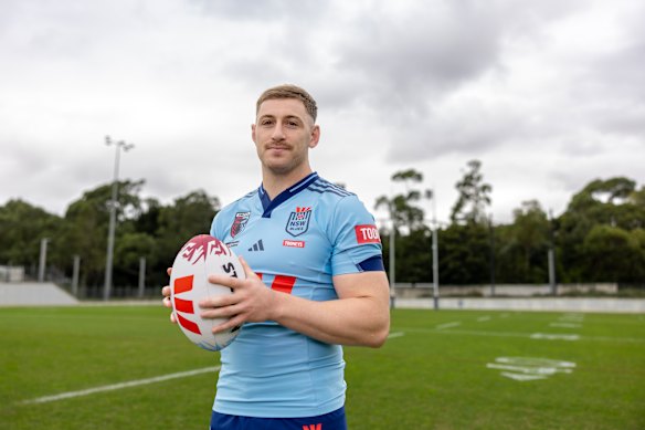 Bulldogs prop Max King dons the Blues jersey on Monday.