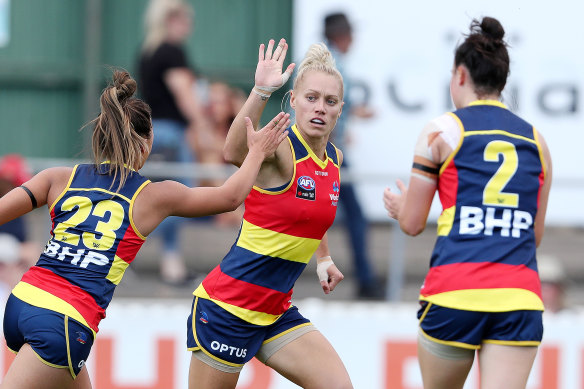 Adelaide’s Erin Phillips celebrates a goal. 