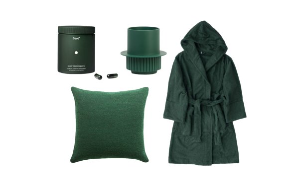 “DS-01” probiotics; “Roma” pot; “Mighty” cushion; “Tekla” bathrobe.  