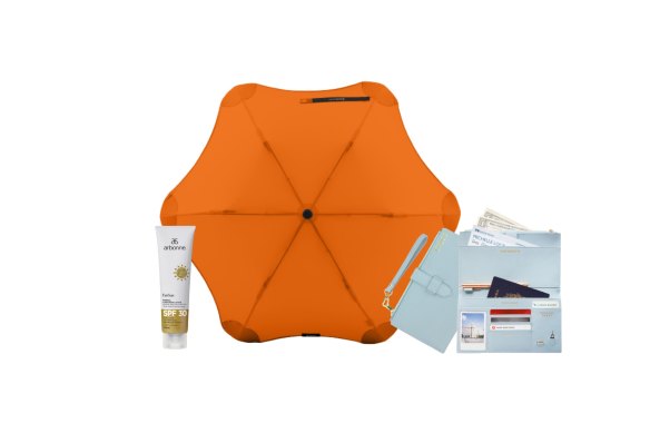 “FunSun” sunscreen; “Metro” umbrella, ; Travel wallet.   