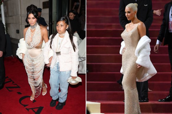 Kim Kardashian (left) with daughter North West at the gala; and in 2022.