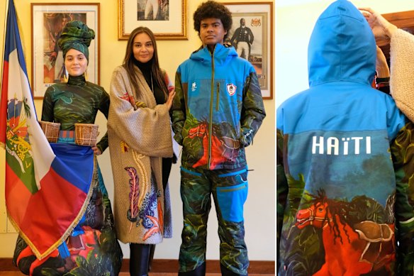 Designer Stella Jean (centre) at the Haitian embassy in Rome with Livia Audain (left) and Megan Thomas (right) who are wearing the official uniform of the Haitian national team.