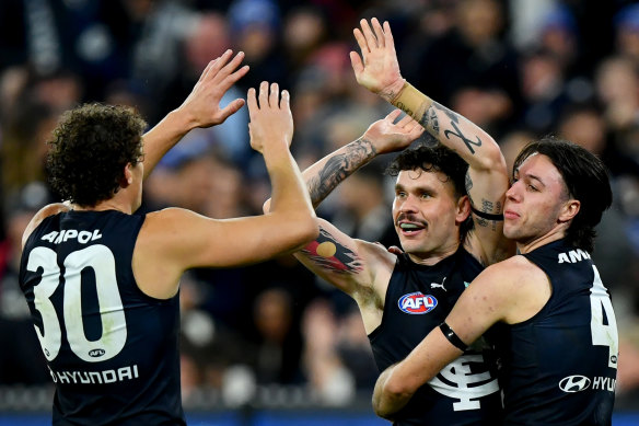 Zac Williams of the Blues celebrates a goal.