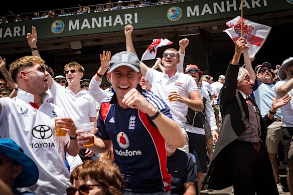 The Barmy Army celebrates one of the 10 Australian wickets to fall.