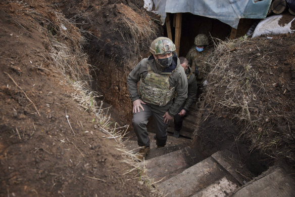 Ukrainian President Volodymyr Zelensky visits the war-hit Donbas region, eastern Ukraine last week.  An escalation of tensions with Russia in the area has raised fears of a resumption of large-scale hostilities. 