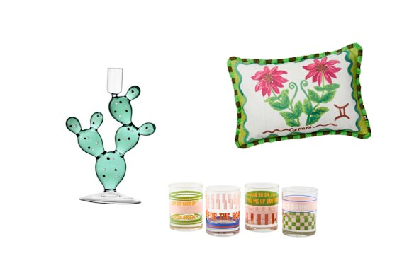 “Desert Plants” candle holder; “Sunnie” tumblers; “Gemini Zodiac” cushion.  