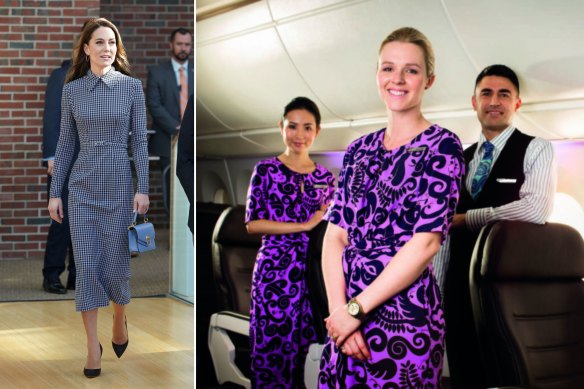 Princess Catherine wearing Emilia Wickstead in Boston, December 2022; Air New Zealand staff wearing the current uniform by Dame Trelise Cooper.