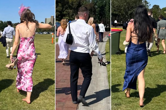 People ditch their shoes to leave Flemington racecourse on Cup day.