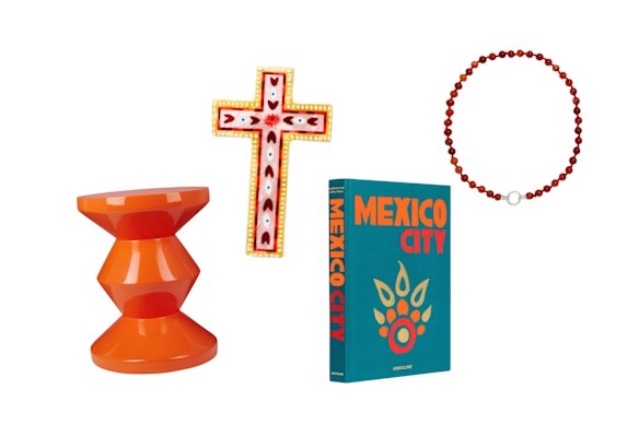“Zig Zag” stool; “Fable” cross; Mexico City book; “Eve” necklace.