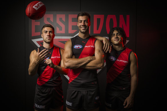 Essendon forwards Jade Gresham (left), Kyle Langford and Isaac Kako.