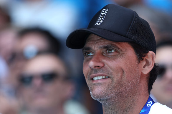 Mark Philippoussis watches Stefanos Tsitsipas in action at the Australian Open earlier this year.