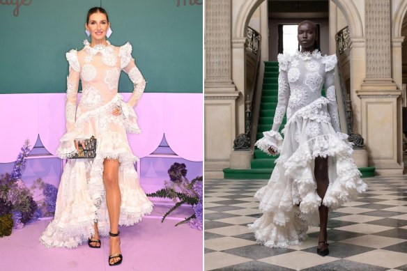 Kate Waterhouse in Zimmermann (left) and the runway look from the brand’s resort 2024 collection.